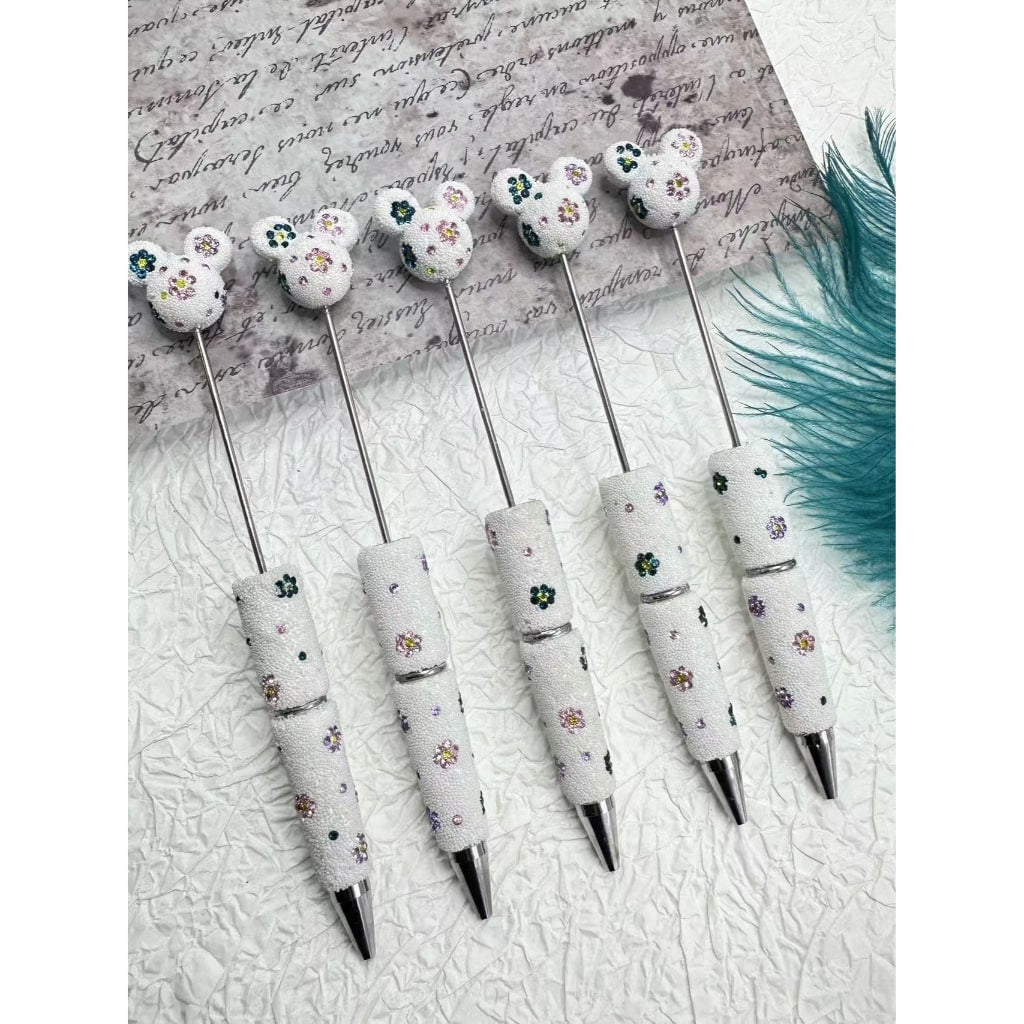 Beadable Clay Pens with Mouse Head Pen Topper, Mini White & Colorful Flower Rhinestones
