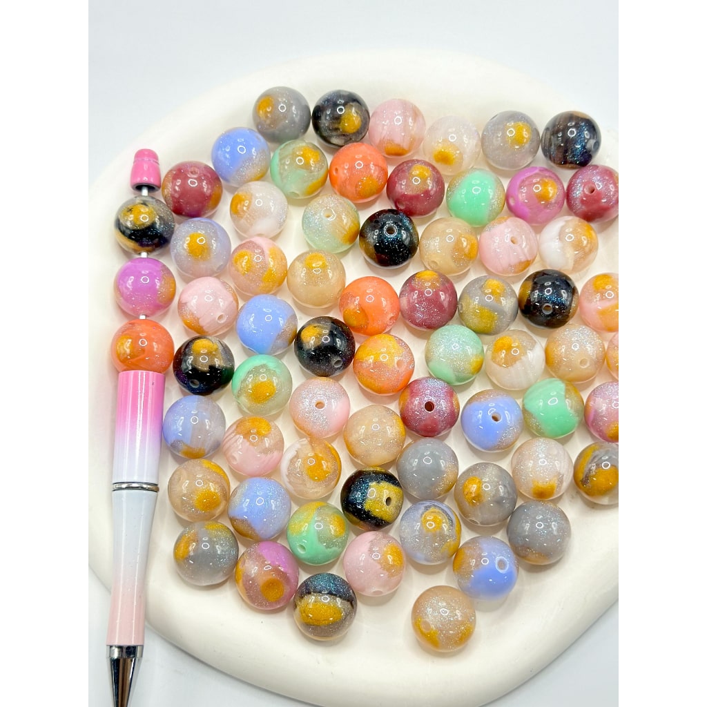 Round Glittery Abstract Design Acrylic Beads, Random Mix, 16MM