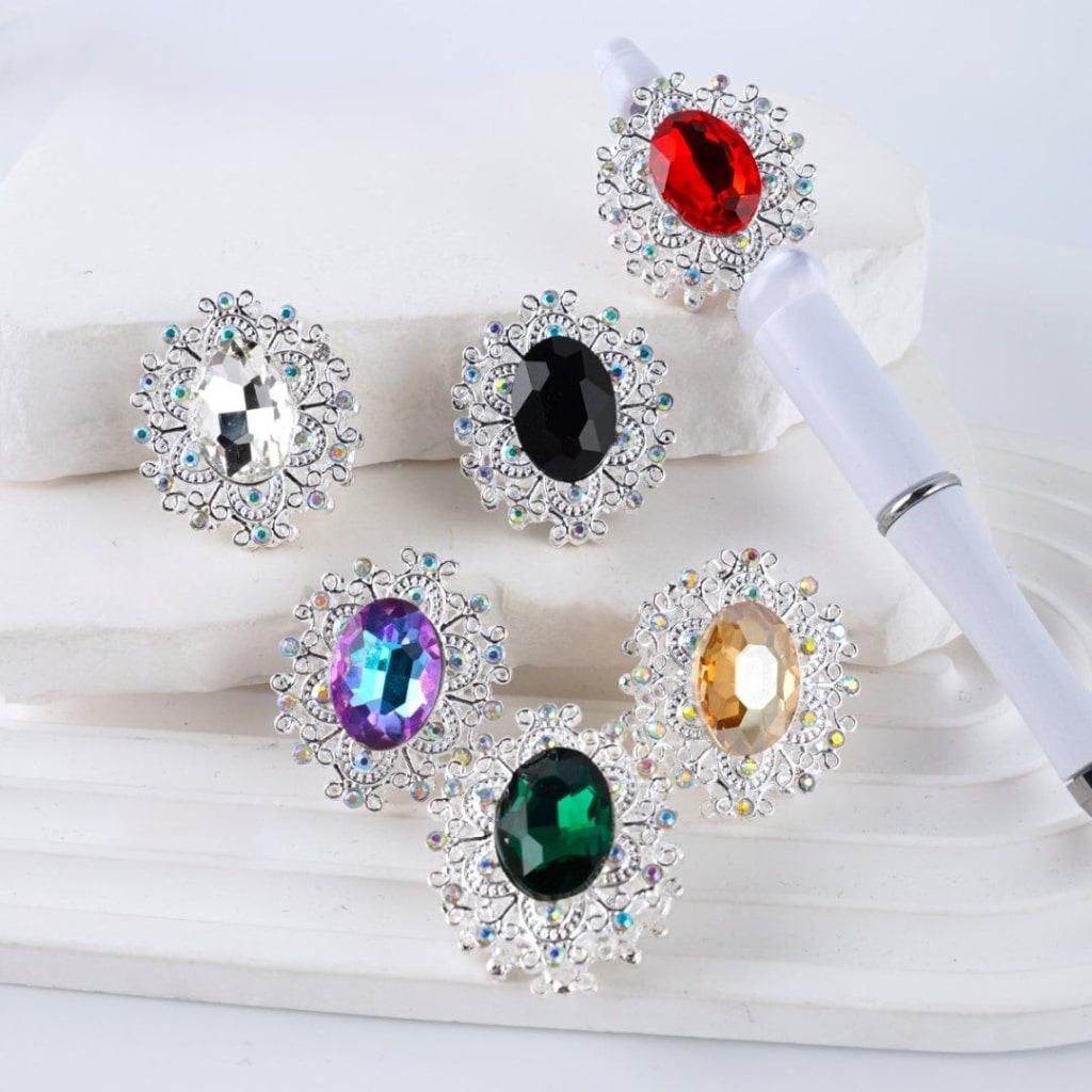 Silver Alloy Flowers & Delicate Gold with Mini AB & Large Oval Shape Rhinestones Beads, Around 32*28MM, Random Mix
