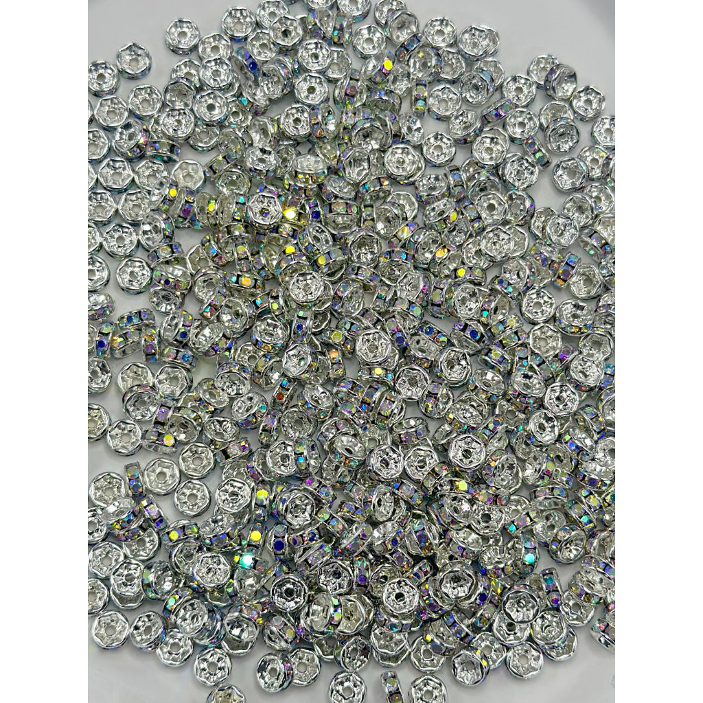 Flat Round Metal Spacers with AB Color Rhinestones,Not for Pen, Random Mix Color, 6MM