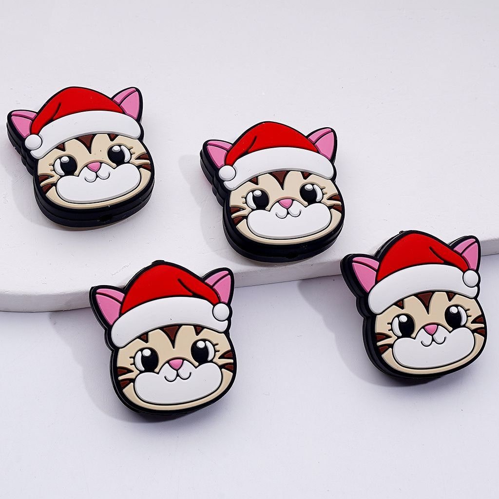 Adorable Kitten Silicone Focal Beads Wearing a Red Christmas Hat