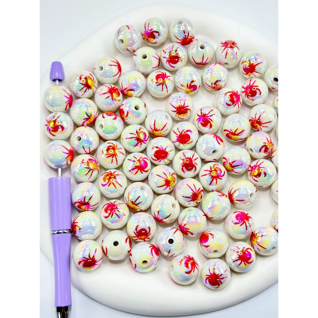 UV Coating Red Spider Print White Acrylic Beads, 16MM