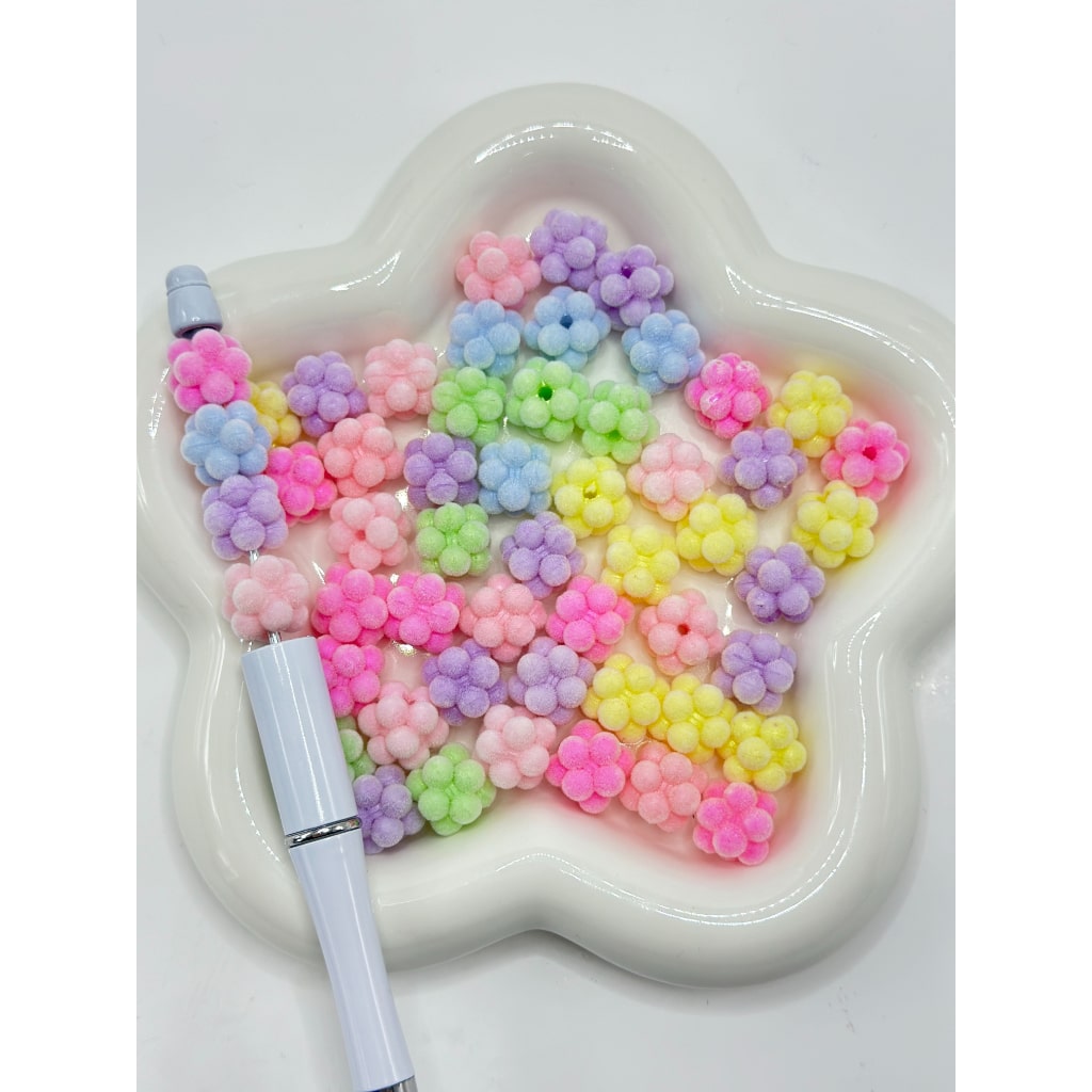Flocked Flower Solid Color Around Acrylic Beads, Random Mix, Around 14MM