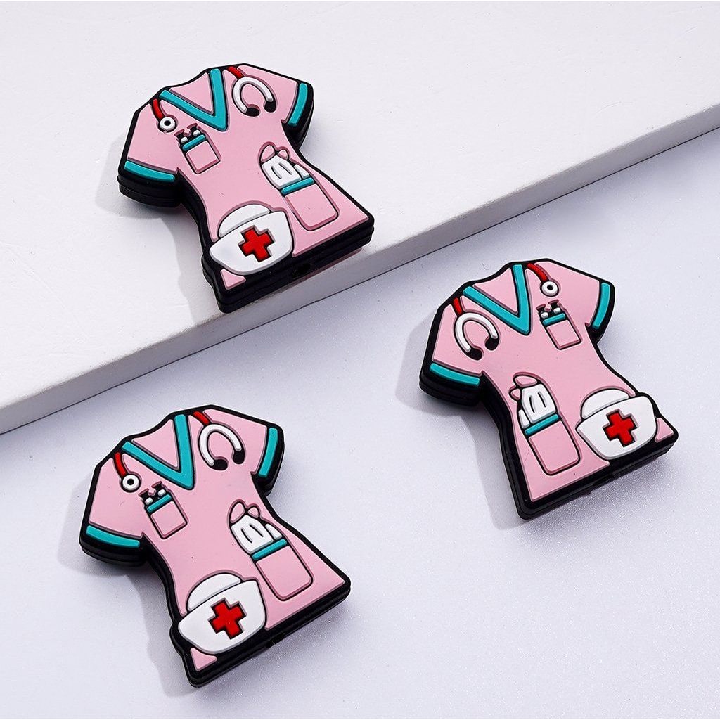 Teal Pink Color Nurse Uniform with Nurse Hat Stethoscope Silicone Focal Beads