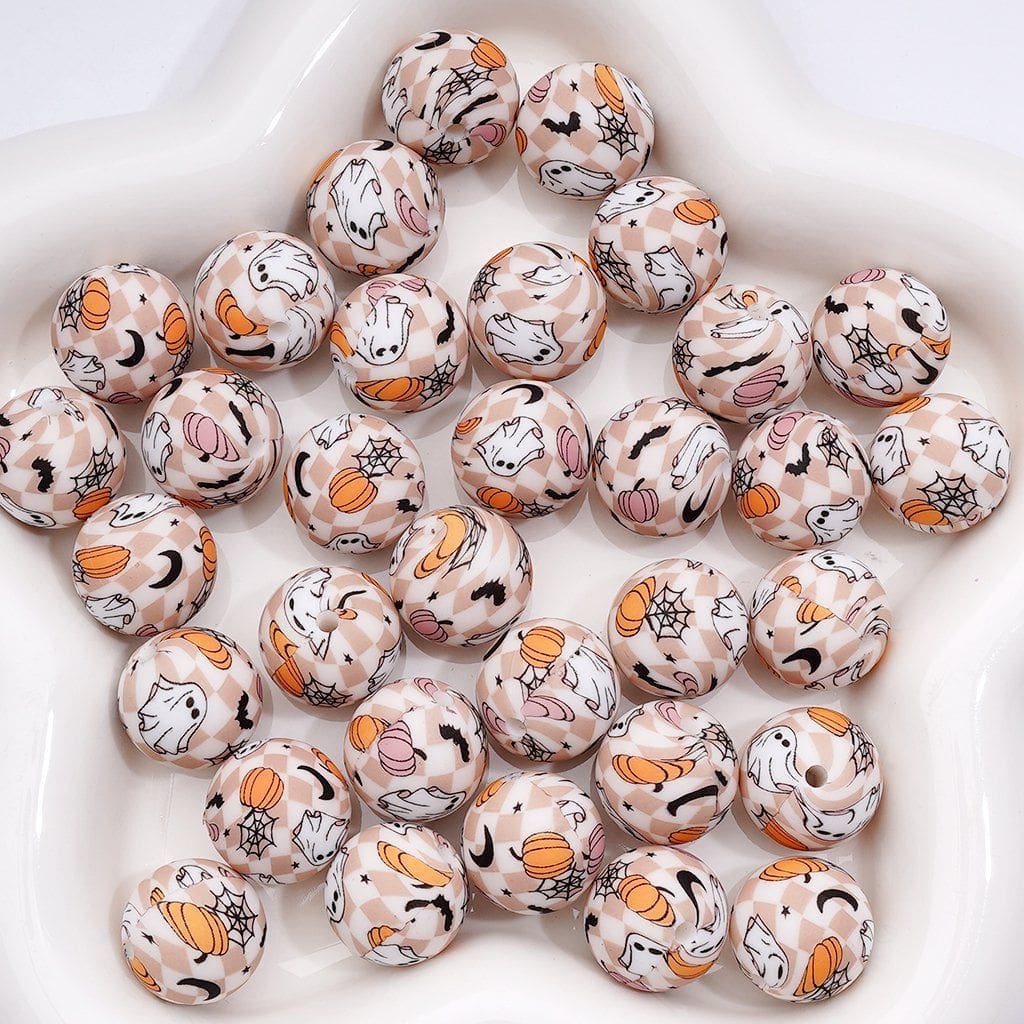 Mini Pumpkin Spirit Bat Spider Web Moon Star Halloween Printed Silicone Beads 15MM, Number Z-00273