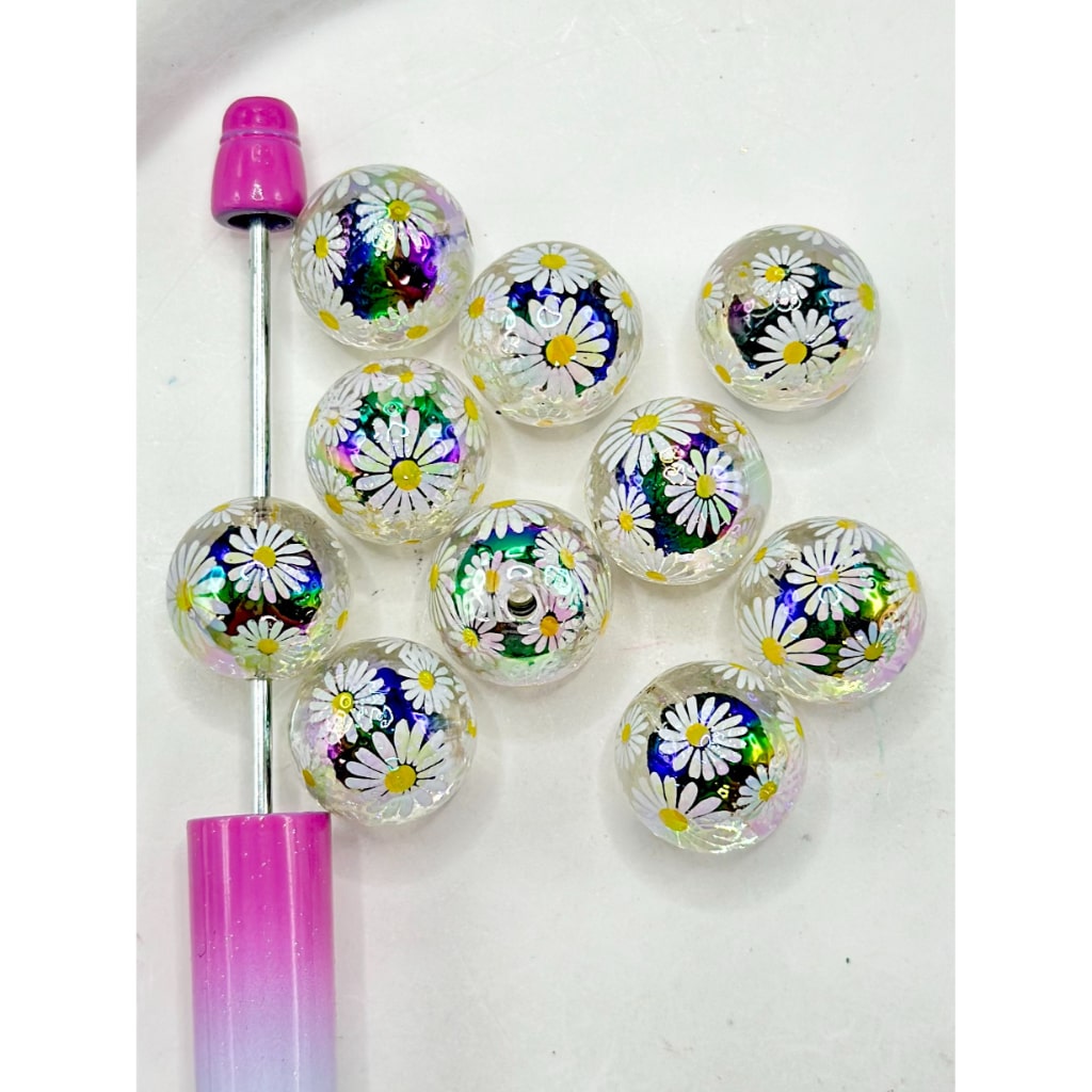 Fancy Small Daisy Print Clear Round Acrylic Beads Small Bead Inside, 16MM
