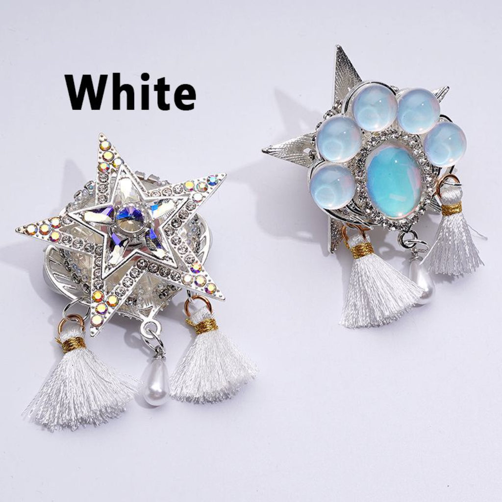 Elegant Silver Alloy Star Leaf Adorned with Clear & Multi-Color Sparkling Rhinestones, Mini Bubble Balls & White Pearl Tassel Pendant Embellished with Acrylic Beads Approx. 46x64MM