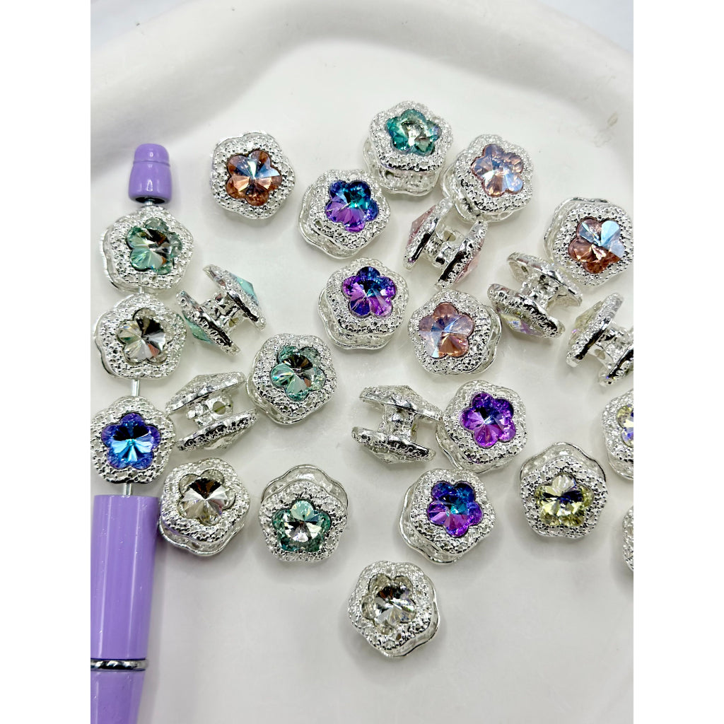 Silver Color Metal Beads Double Layer Flower with Colorful Shiny Rhinestones Random Mix, 16MM