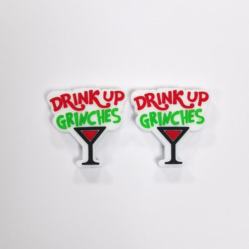 Red Wine Glass Drink Up Grinche Christmas Silicone Focal Beads