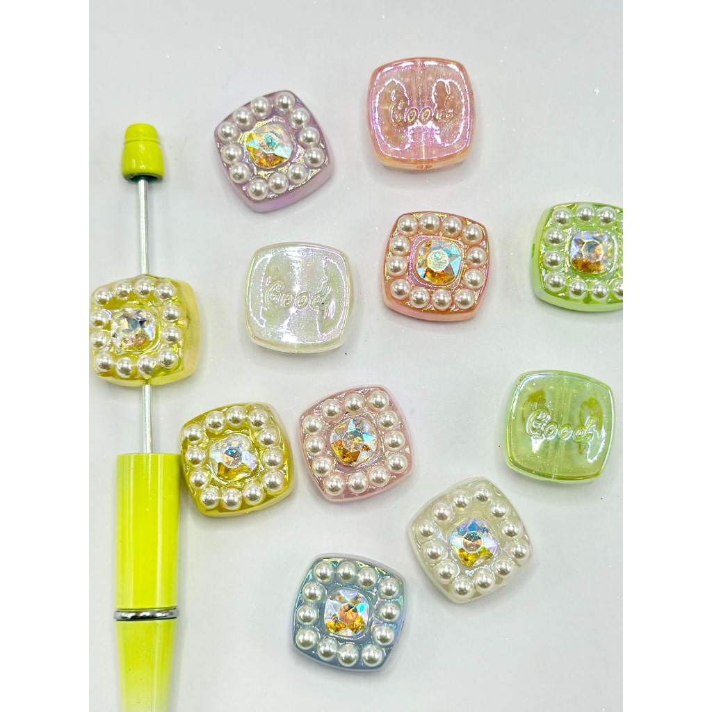 Glittery Flat Cube Square UV Finish Translucent Acrylic Beads with White Pearls Shiny Rhinestone, Random Mix, Around 20MM