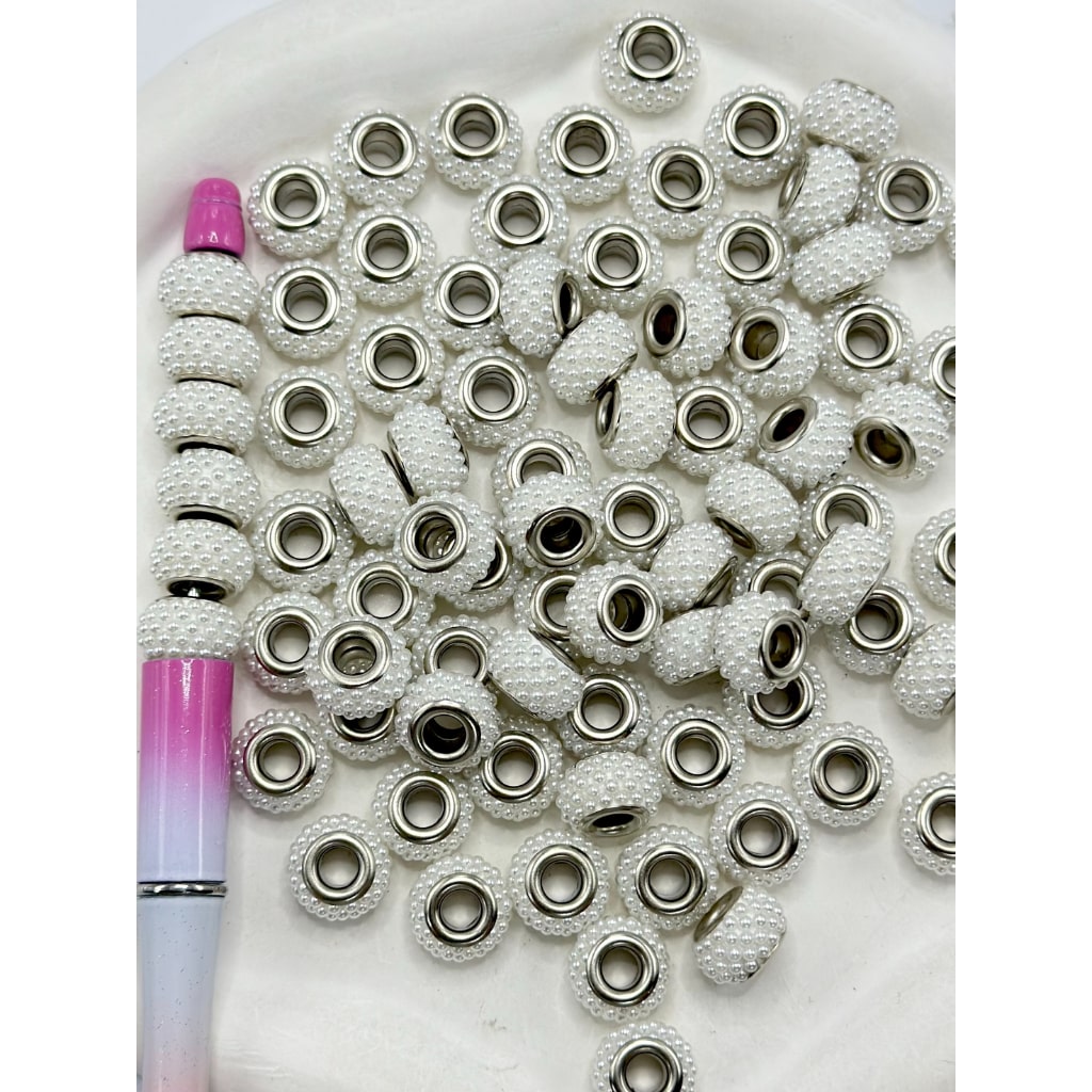 Silver Metal Large Hole Clay Beads with Pearl Wheel, 14MM