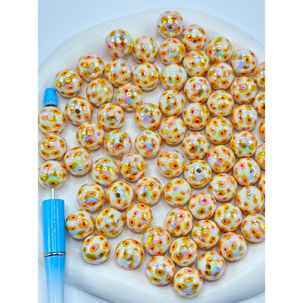 Small Yellow Flower UV Coating Prints White Round Acrylic Beads, Random Mix, 16MM