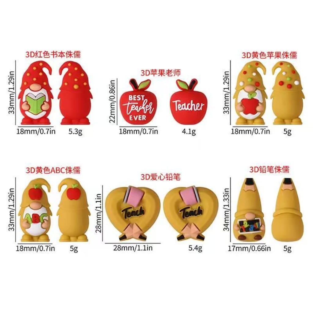 3D Red Yellow Gnomes Teachers ABC 123 Pencils Hearts School Books Red Apples Silicone Focal Beads