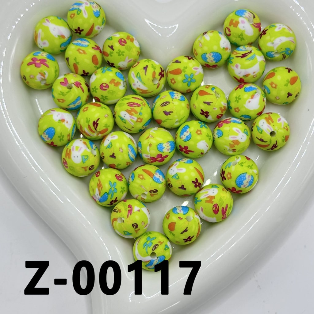 Bunny Carrot Egg Flower Cute Rabbit Green Round Printed Silicone Beads 15mm, Number Z-00117