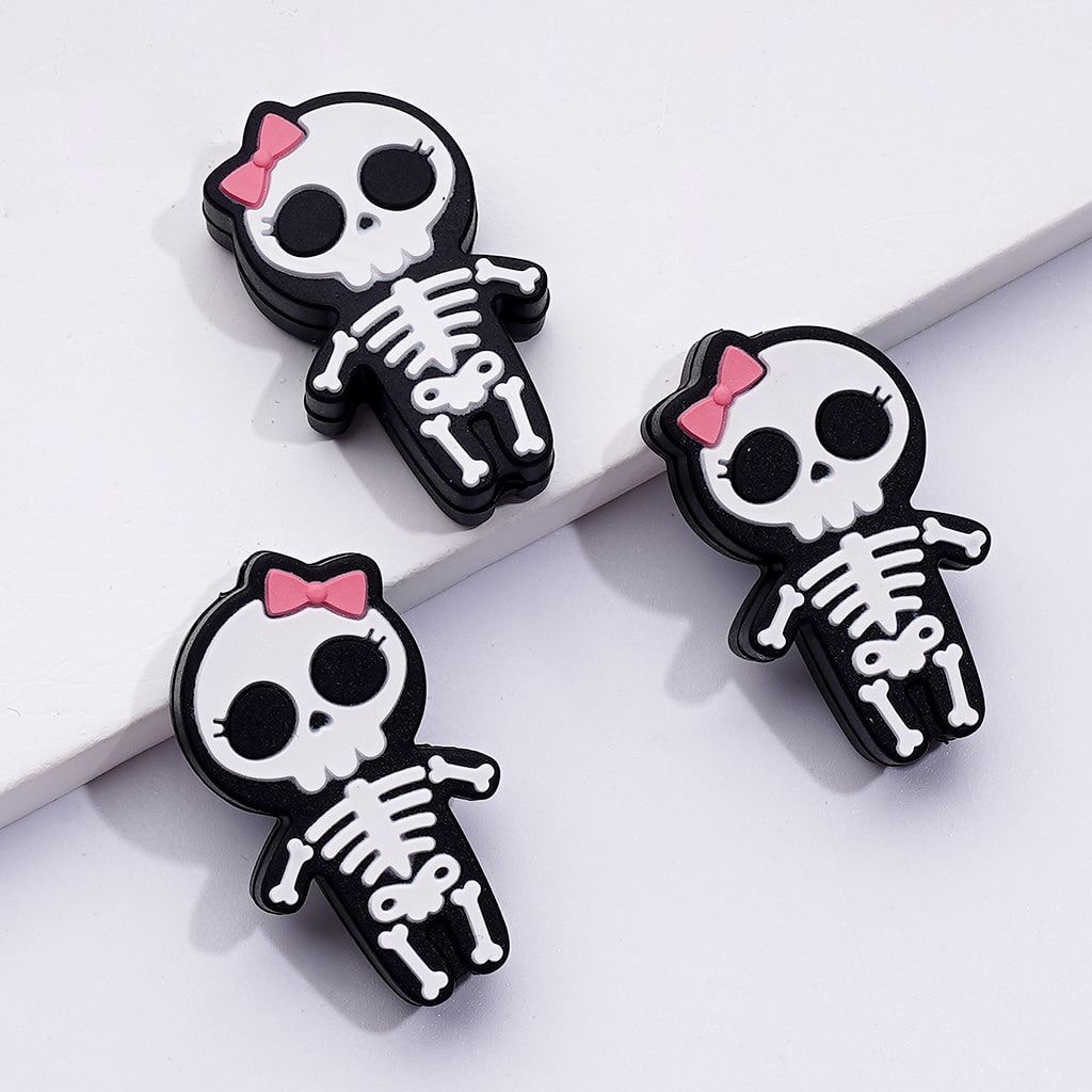 Eerie Skeleton Skull Silicone Focal Beads – Pink Bowknot & Blue Bow Tie for a Bold Contrast