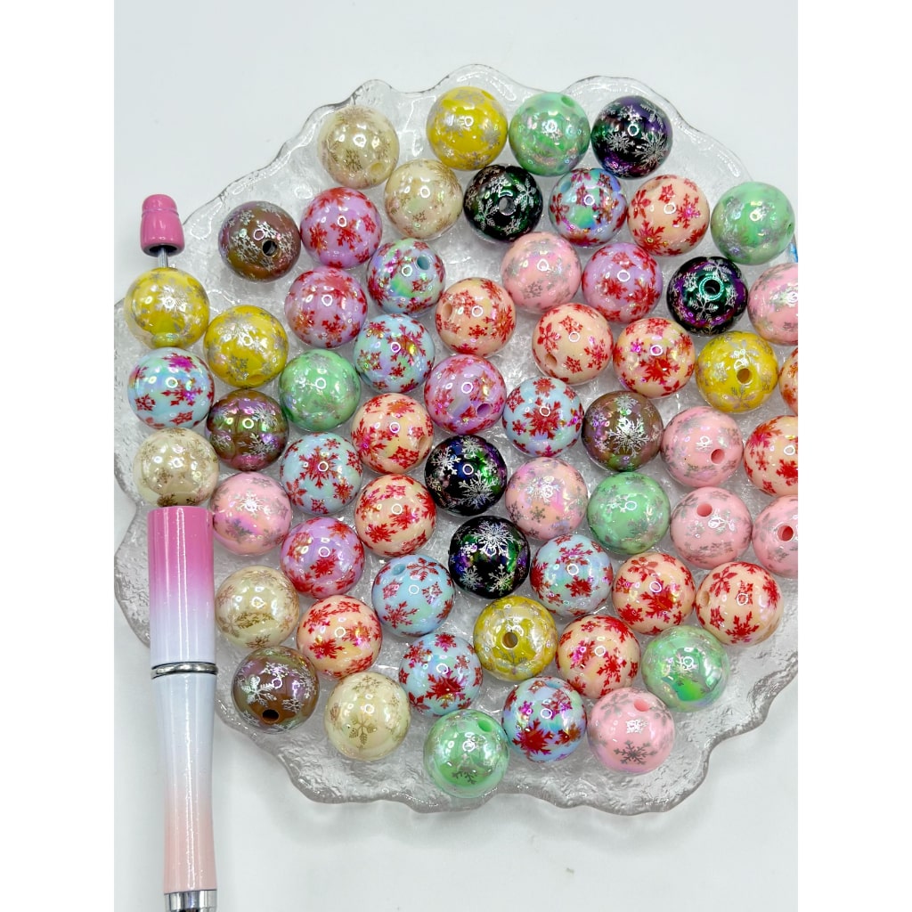 Flower Prints Fancy Snow Round Acrylic Beads , Random Mix, 16MM