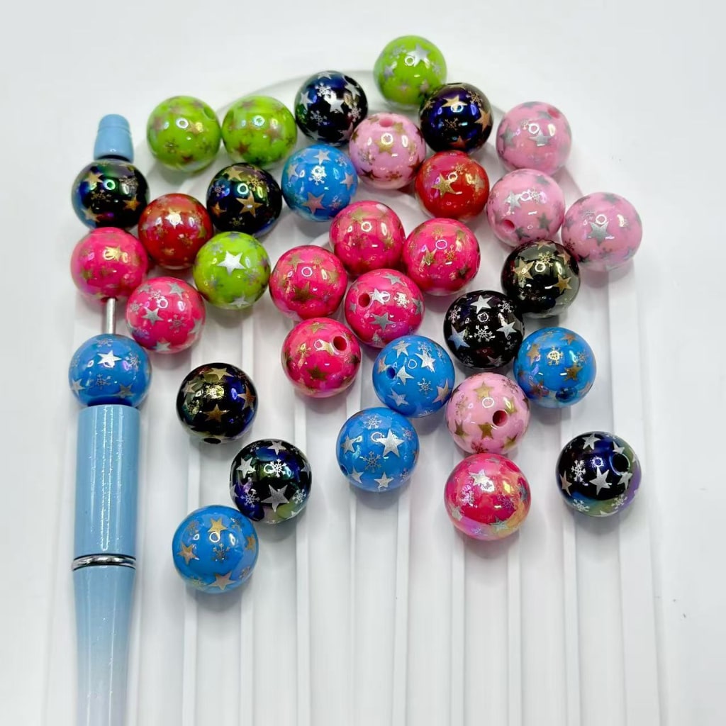 Multi-Color Shiny Glossy Stars Snow Flakes Flowers Around Acrylic Beads, Random Mix, 16MM