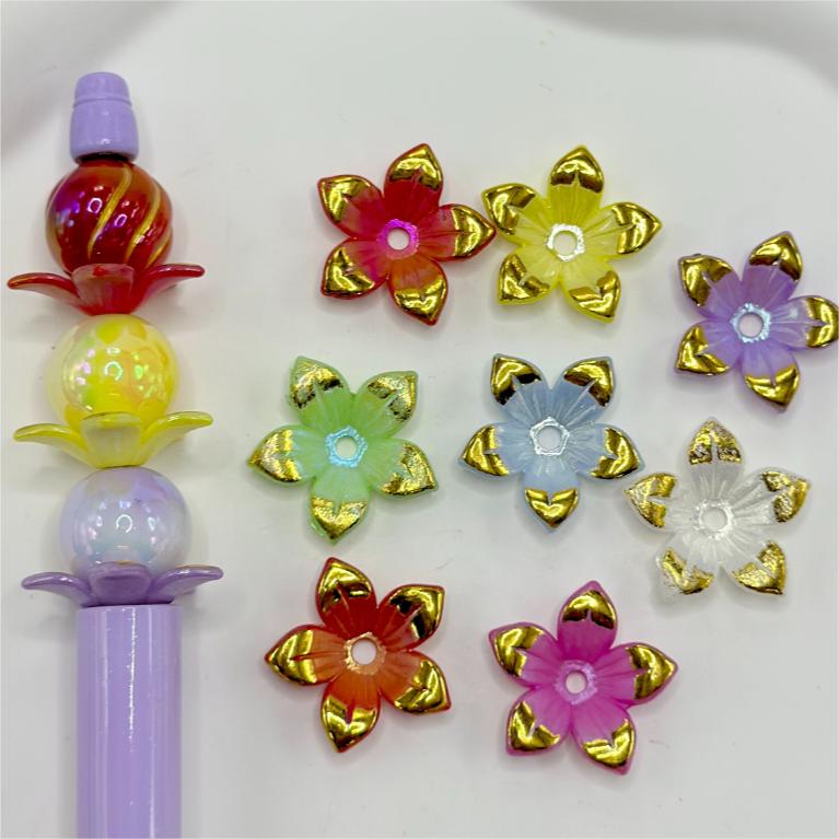 Five Pointed Petals and Gold Color Paint with Various Colors Small Flowers Acrylic Beads, Random Mix Color, 22MM, Please Read Description