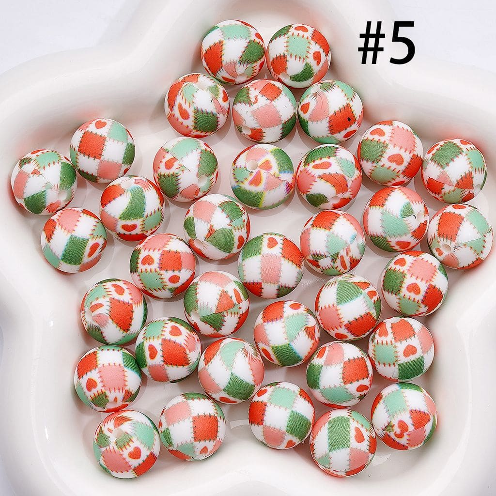 Red & Green Patchwork Round Printed Silicone Beads with Hearts 15mm