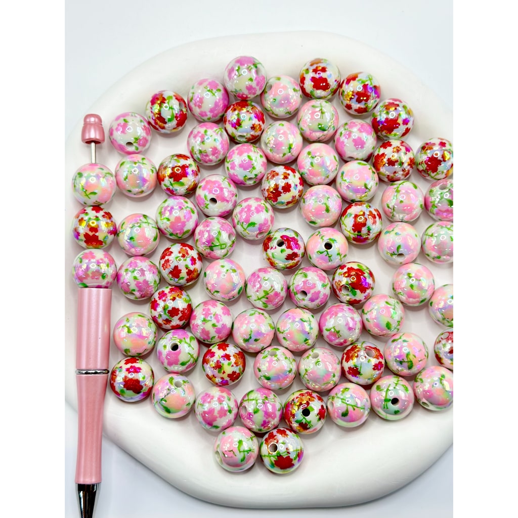 UV Coating Pink Red Flowers Green Leaves Print White Round Acrylic Beads, Random Mix, 16MM