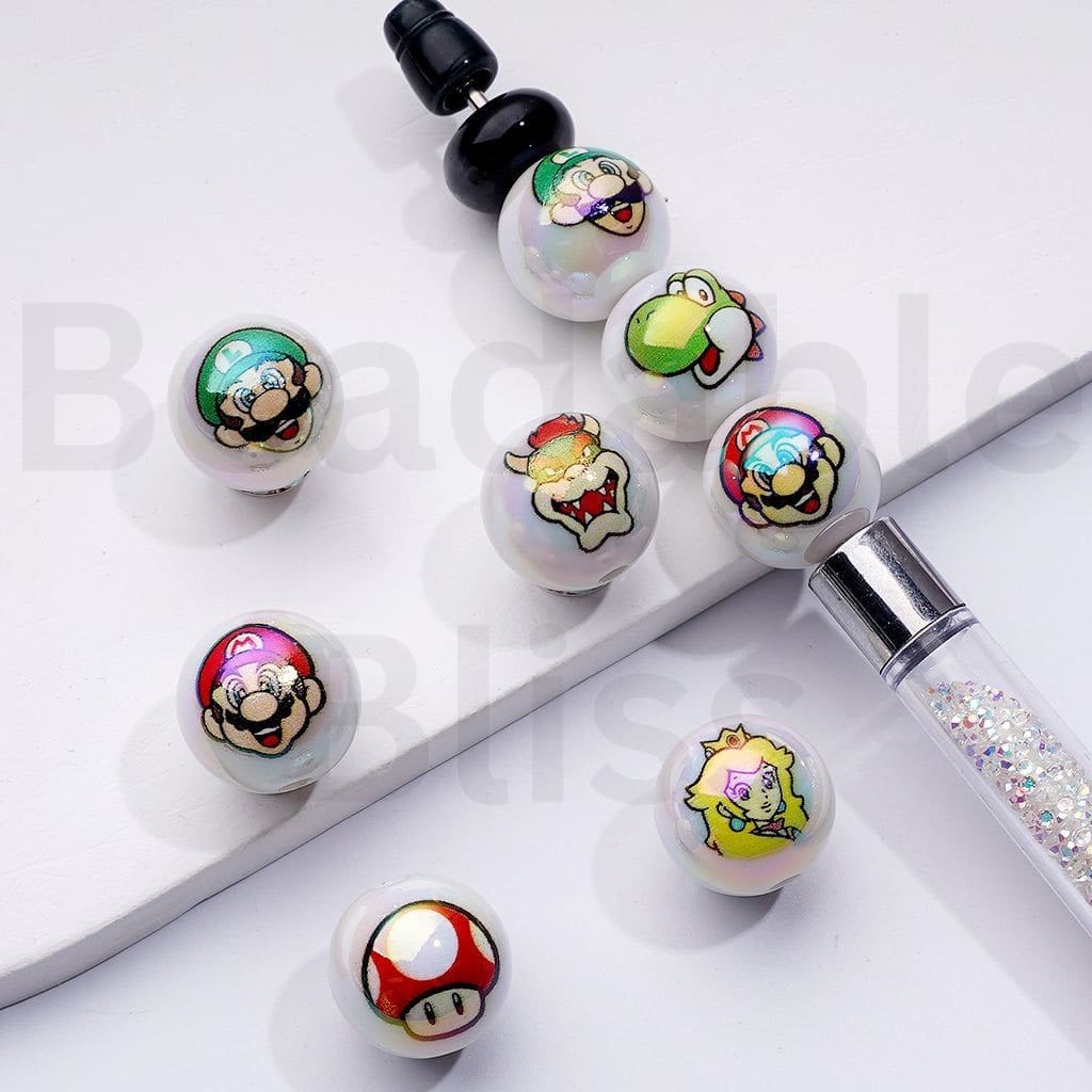 UV Coating Plumber Character Cartoon Round Acrylic Beads, 16MM, Random Mix