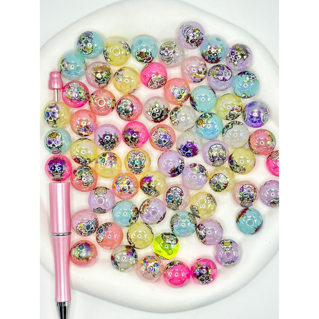 Skull Head with a Painted Face Round Skeleton Acrylic Beads, Random Mix, 16MM