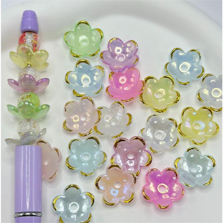 Colors Various Small Flowers with Gold Color Stripe Paint and Five Petals Acrylic Beads, Random Mix Color, 20MM, Please Read Description