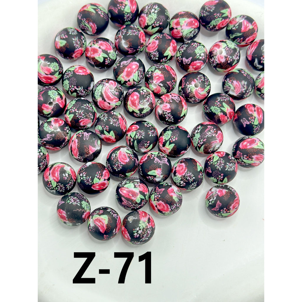 Butterfly Green Leaf Red Flower Black Round Printed Silicone Beads 15mm, Number Z-71