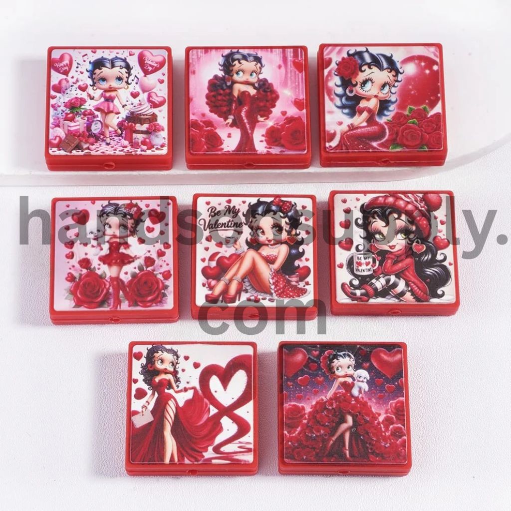 Old Girl Character Series Red Flower Valentine’s Day Theme Print Flat Square Shape Silicone Focal Beads Random Mix