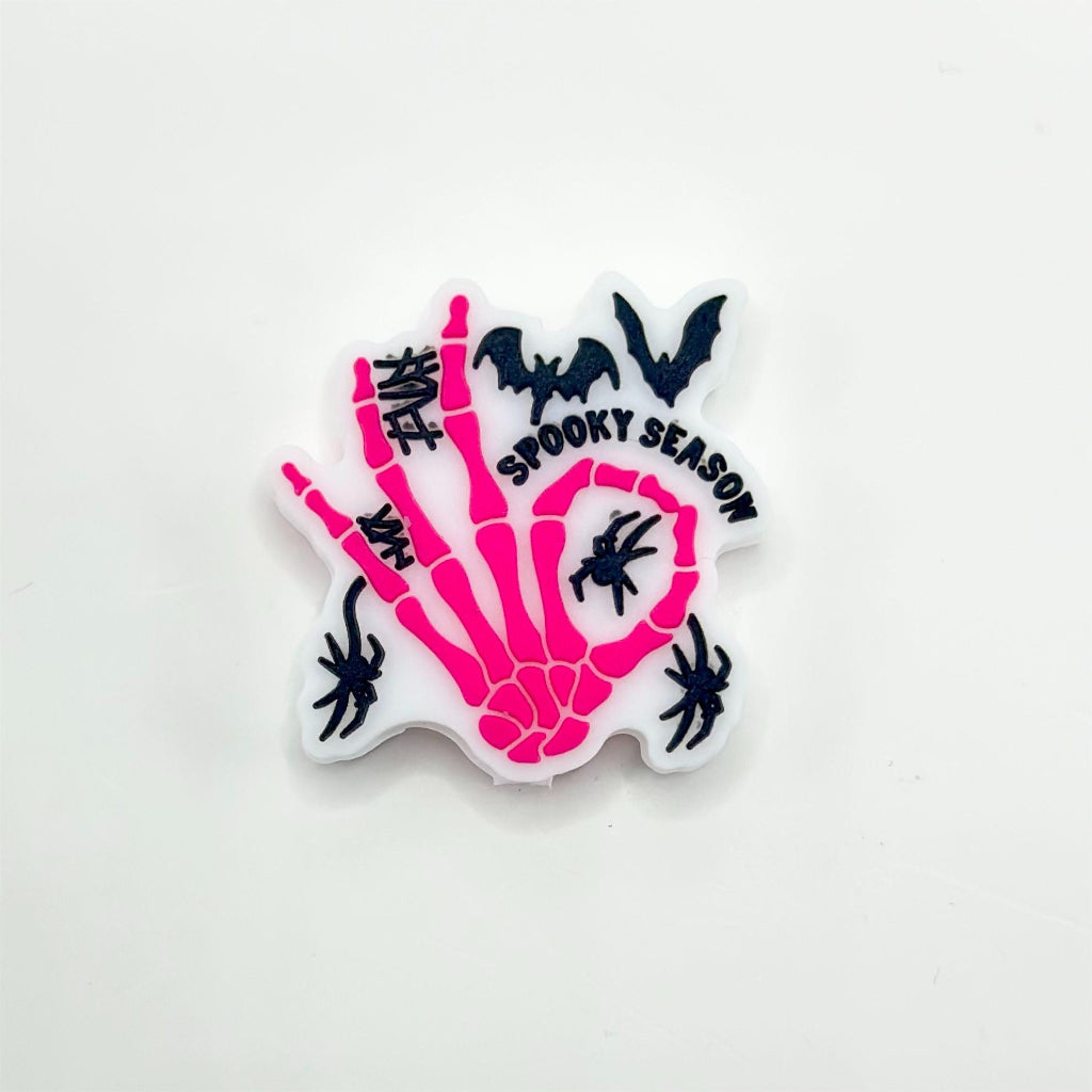 Pink Skeleton Hand Makes an OK Gesture Bat and Spider Spooky Season Silicone Focal Beads