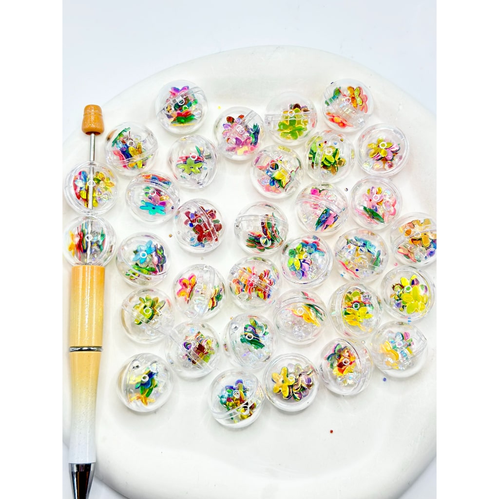 Hollow Globe Ball Shake Colorful Confetti Flake Flower Inside, Clear Acrylic Beads Random Mix, 20MM
