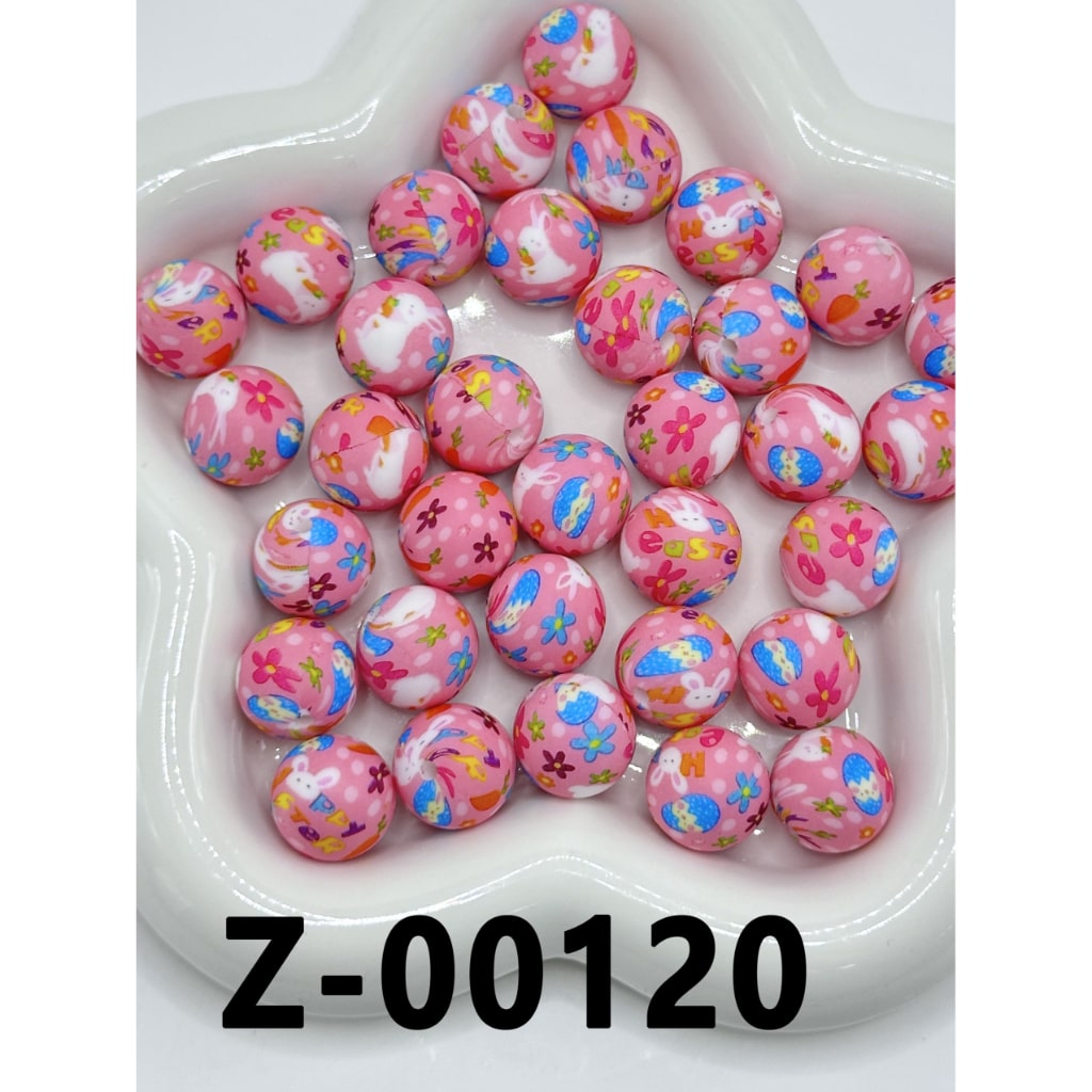 Flowers Egg Small Pink Round Printed Silicone Beads 15mm, Number Z-00120
