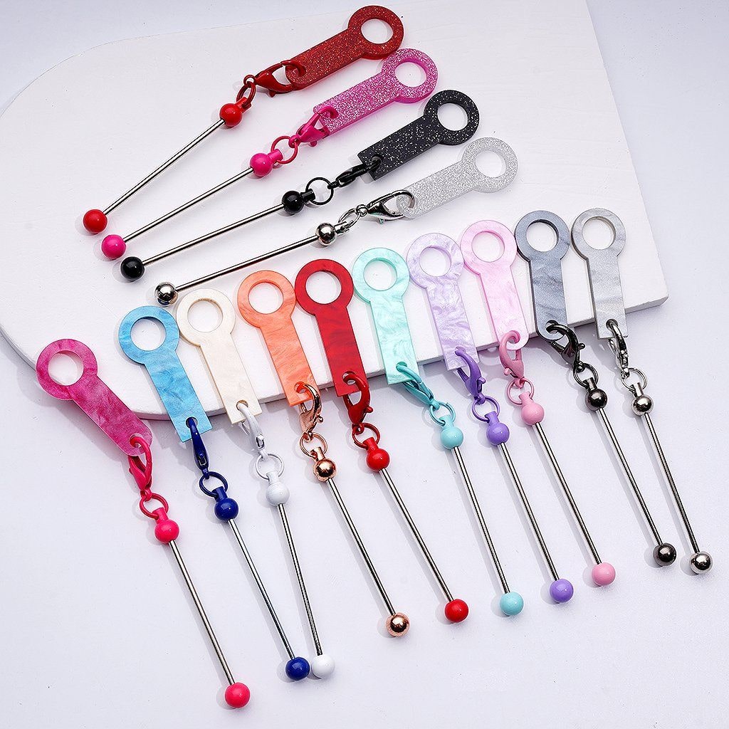 DIY Beadable Keychain Bar Metal Straw Accessory in Solid Color, 116MM with Plastic Ring & Carabiner Clip