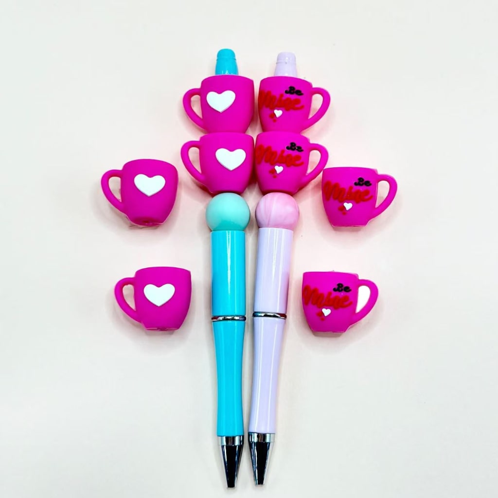 Pink White 3D Mini Cute Rose Red Cup with Heart Be Mine Silicone Focal Beads