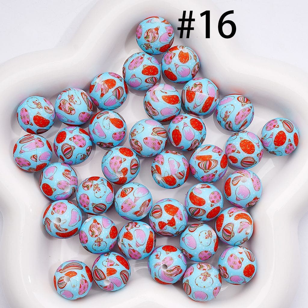 Multicolor Hot Air Balloon Prints on Soft Blue Base, Dreamy 15MM Silicone Beads Random Mix