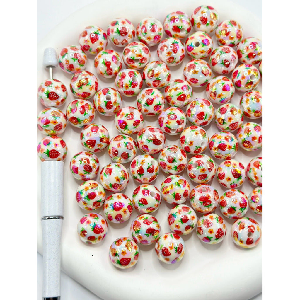 UV Coating Acrylic Beads with Flower Prints and Starwberry, White Random Mix, 16MM