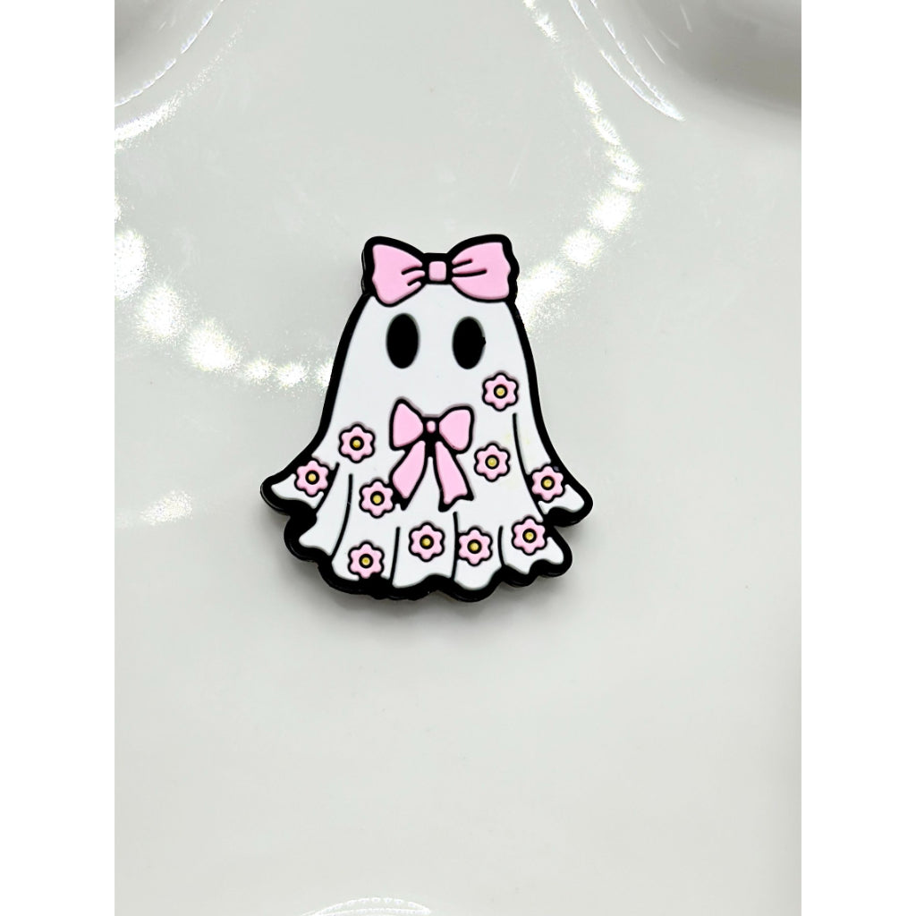 Ghost with Pink Bowknot Flower Little White Silicone Focal Beads