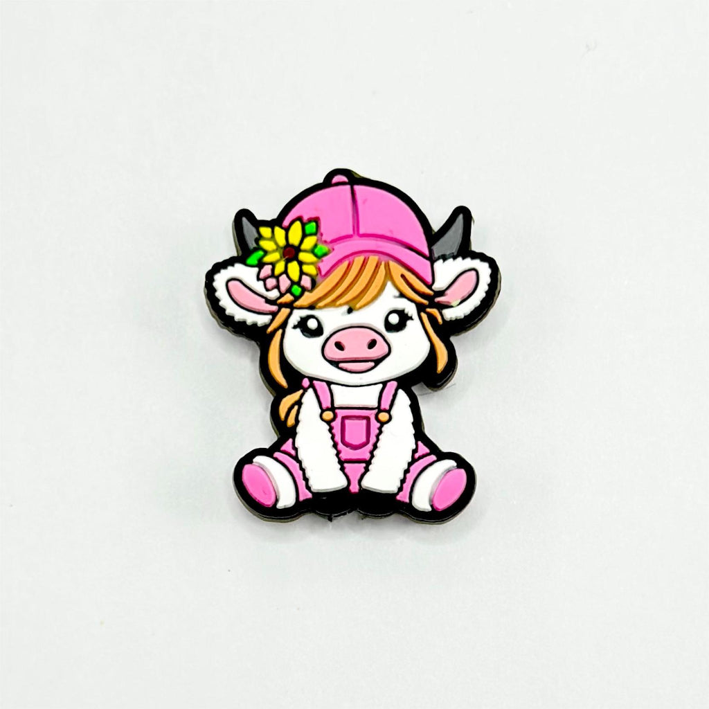 Calf Cute Cow with Yellow Flower Pink Hat Silicone Focal Beads