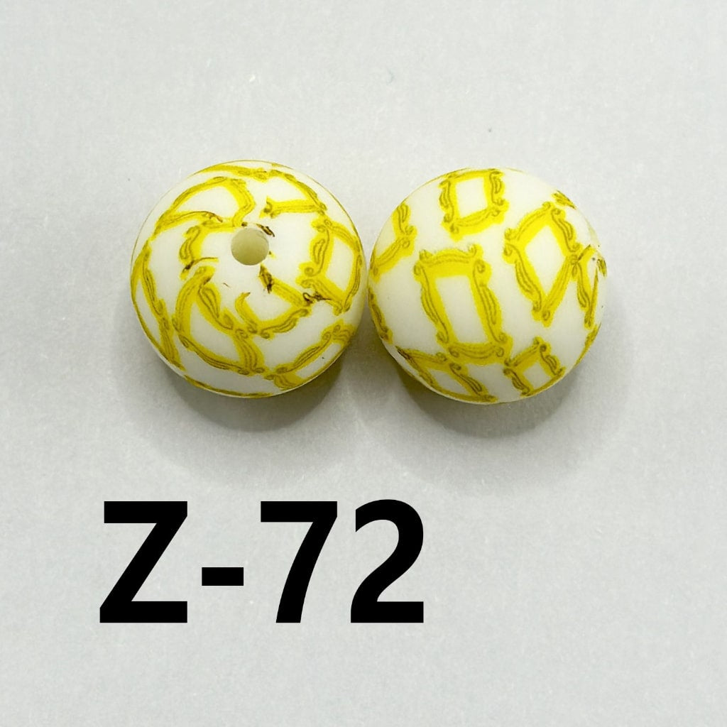 White Round Yellow Frame Pattern Printed Silicone Beads 15mm, Number Z-72