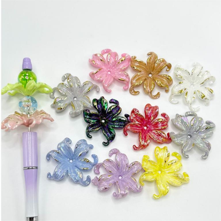 Large Acrylic Beads with Various Bright Colors, Six-Petal Flowers, and Gold Stripe Paint, Random Mix Color, 40MM, Please Read Description