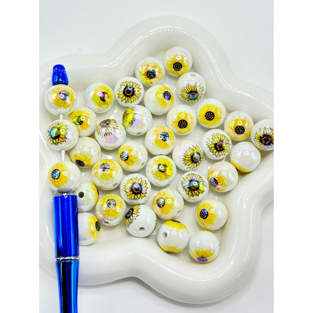 White Large Sunflower Round Acrylic Beads, 16MM