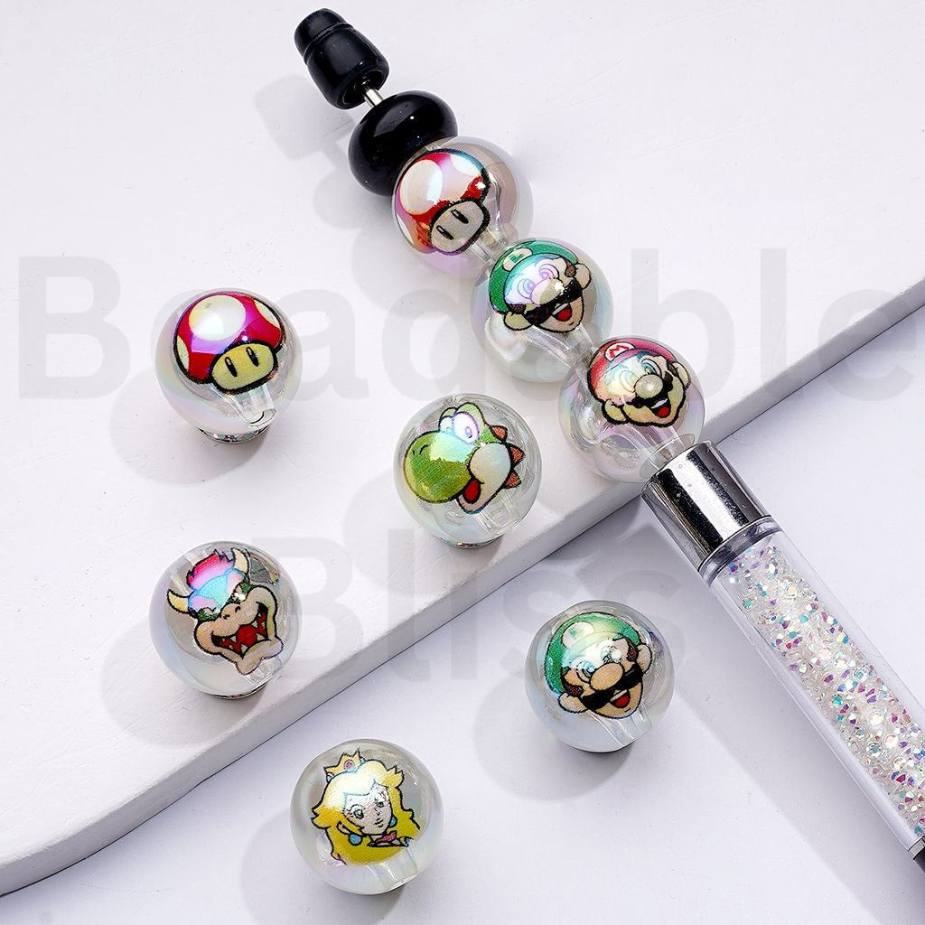 UV Coating Cute Plumber Character Cartoon Clear Round Acrylic Beads, 16MM, Random Mix