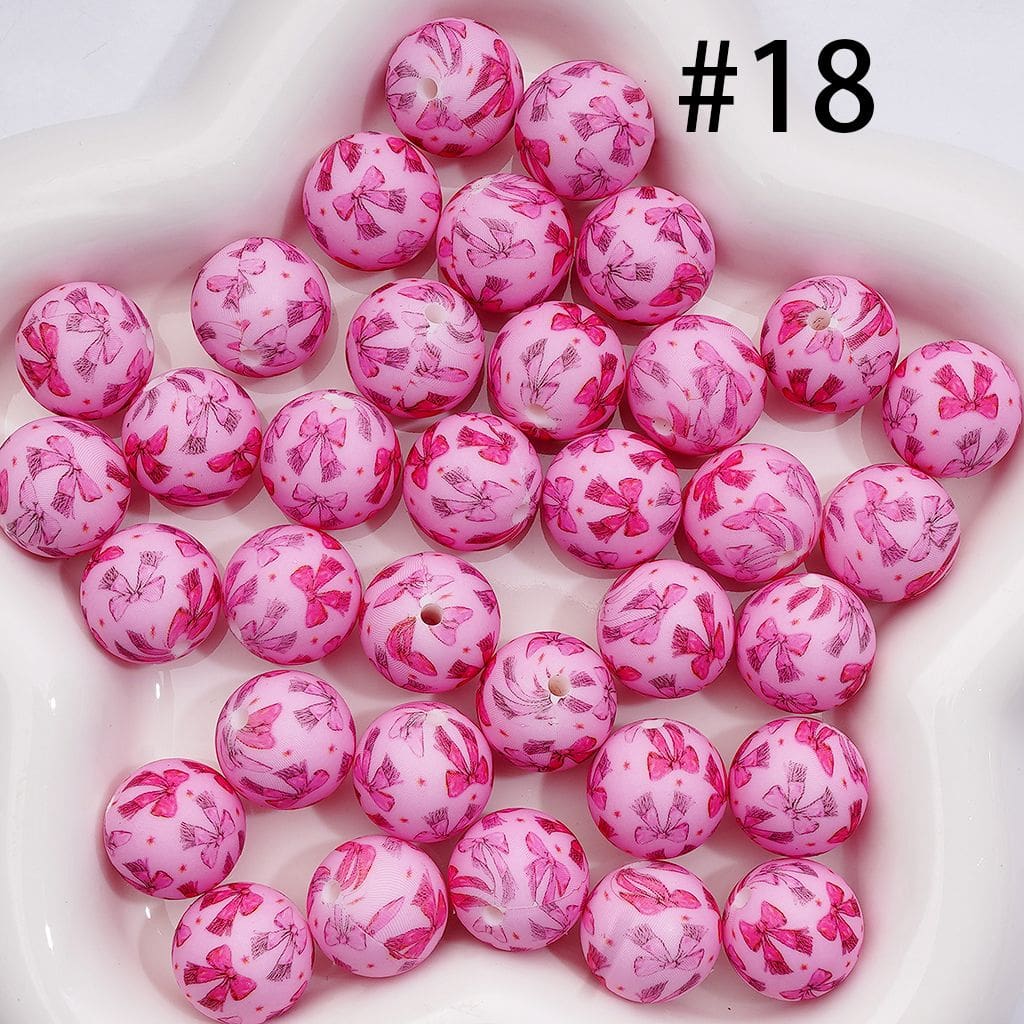 Double Tone Dark & Light Pink Bows & Mini Stars Prints Pink Base Round Silicone Beads 15MM
