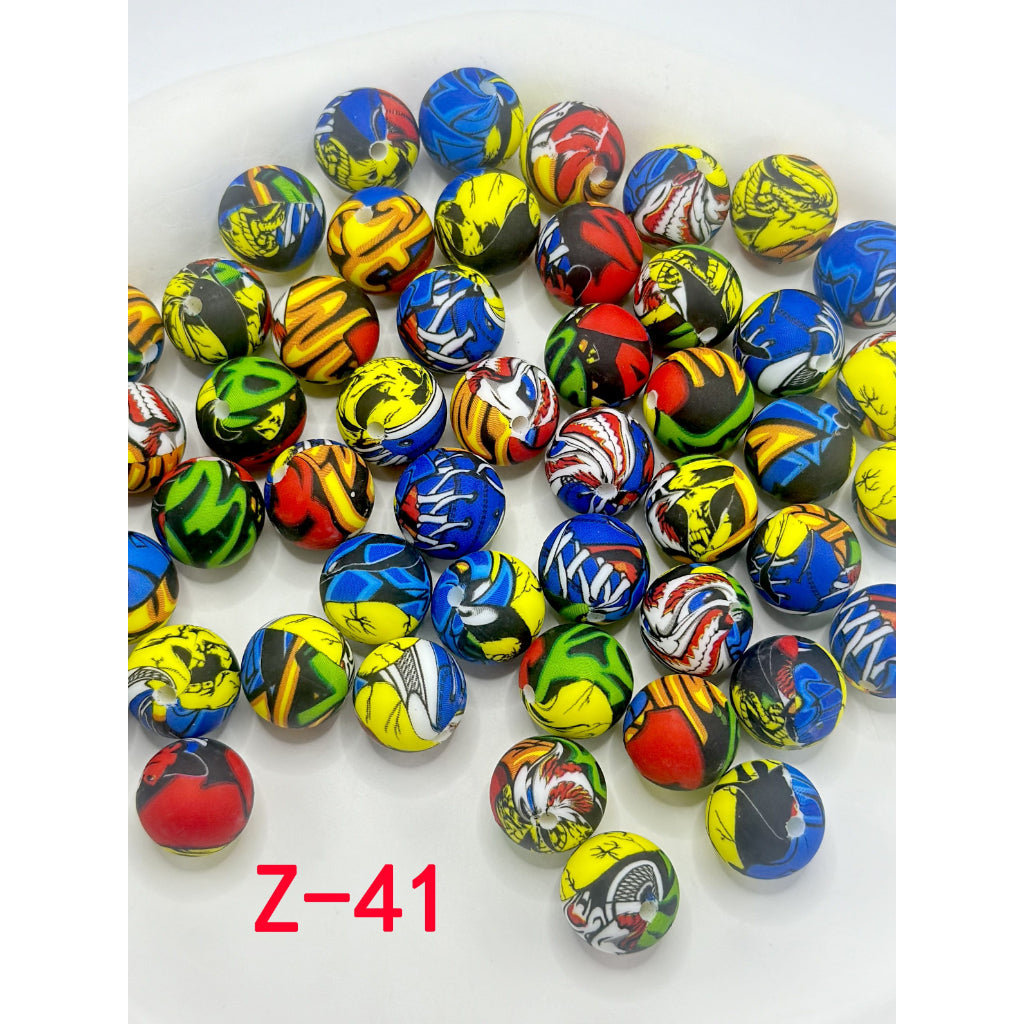 Abstarct Design with Multi-Color Patterns Round Printed Silicone Beads 15mm, Number Z-41