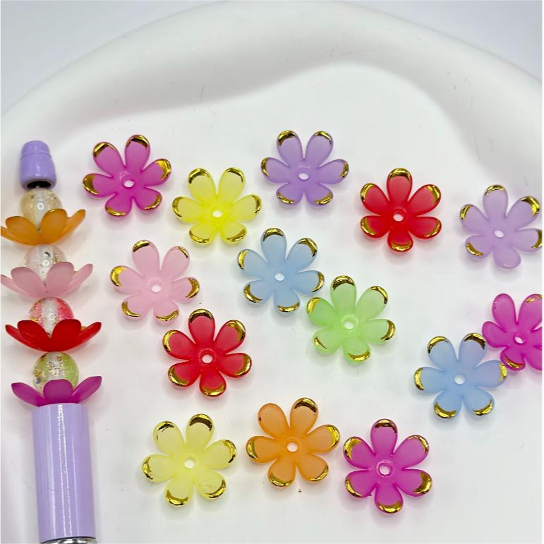 Six Petals and Gold Color Stripe Paint with Frosted Various Colors Flowers Acrylic Beads, Random Mix Color, 20MM, Please Read Description