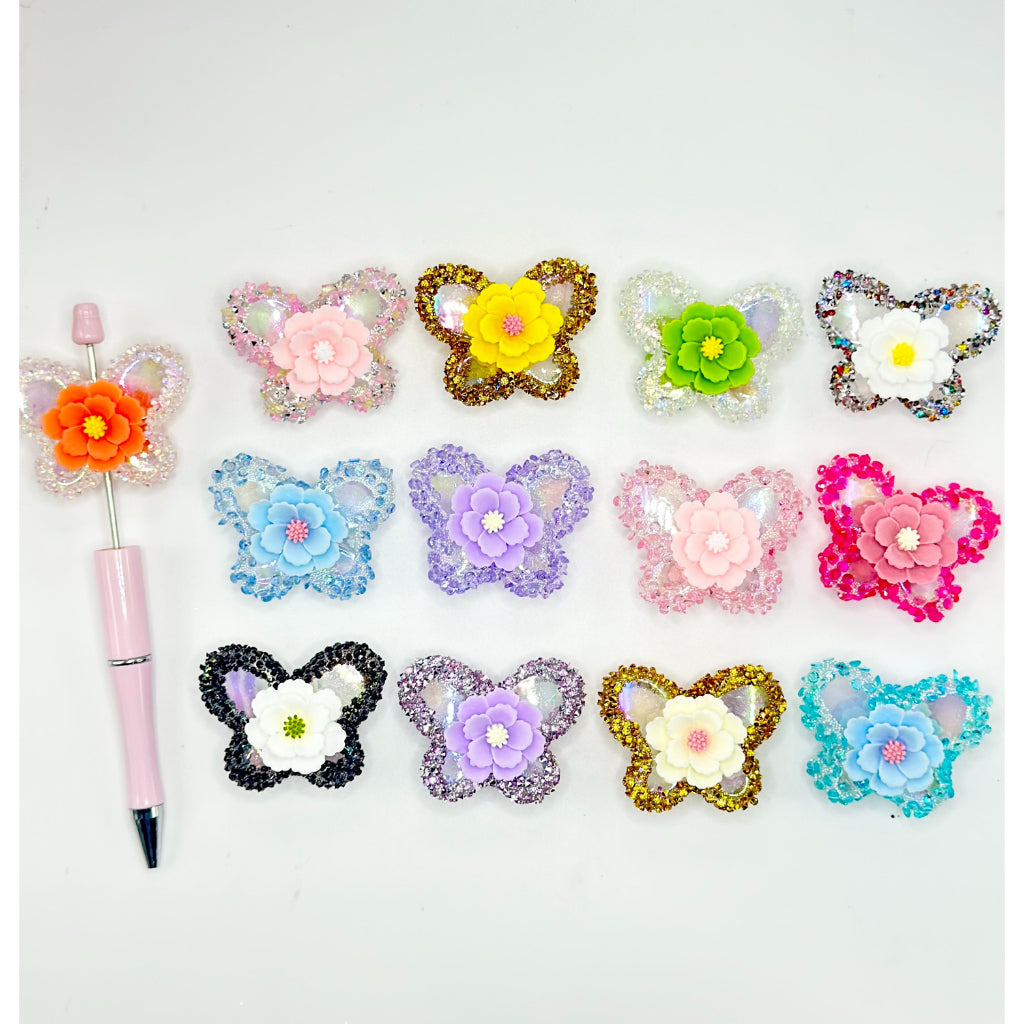 Sugar Acrylic Beads with Large Butterfly, Flower and Rhinestones , Random Mix, 46MM by 38MM
