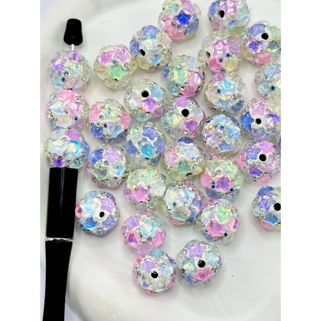 Stars Multicolor AB Rhinestone White Round Clay Beads, Random Mix, 20MM