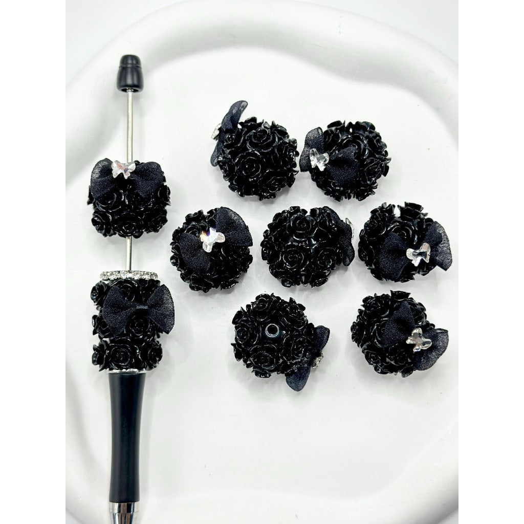 Small Flowers and Bowknot Black Round Acrylic Beads, 24MM
