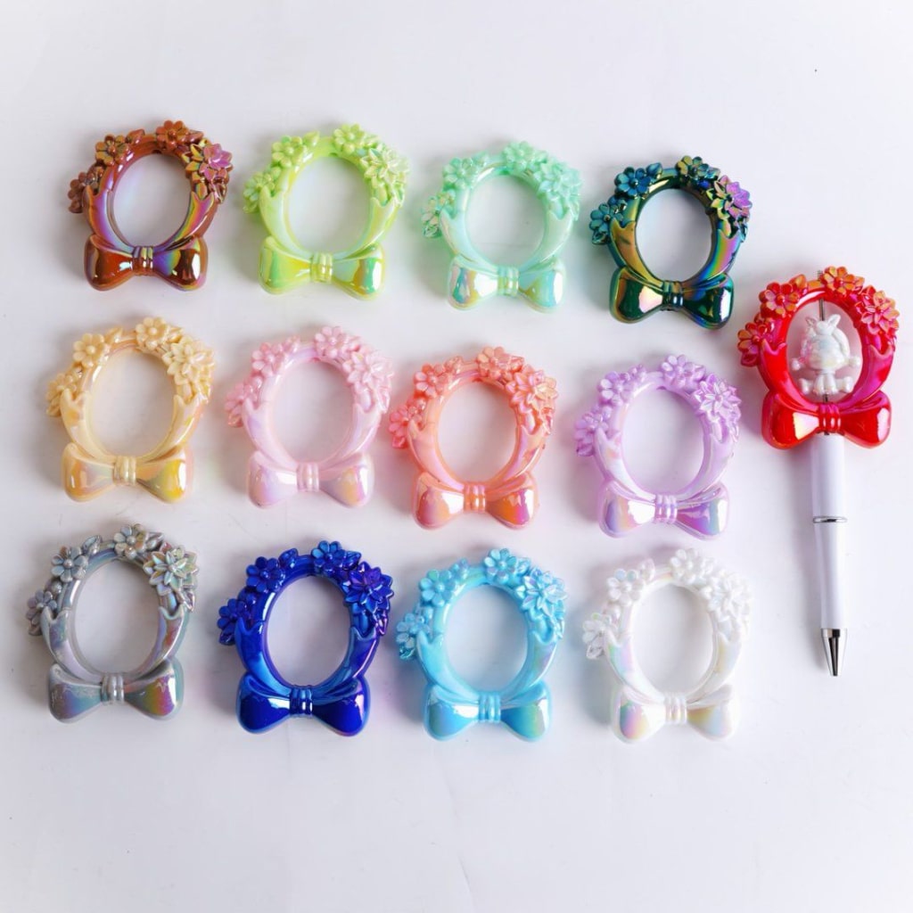 Garland Bowknot Frame Ring Loop UV Coating Colorful Flower Acrylic Beads, Around 60*65MM, Random Mix