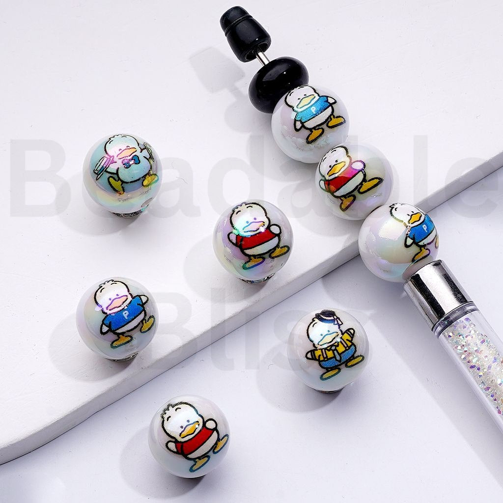 UV Coating Cute Duck Pekkl Adorable Character White Round Acrylic Beads, 16MM, Random Mix